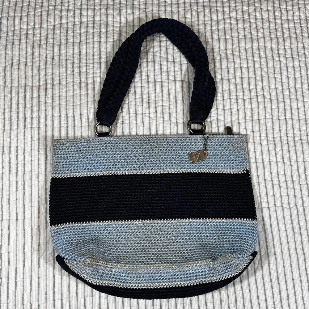 Lina Crocheted Bucket Bag Purse Blue 14.5